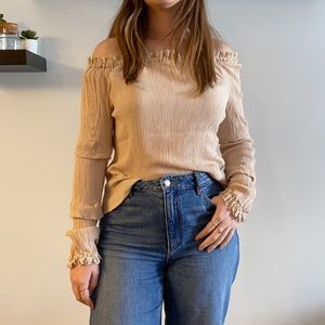 Long sleeve off shoulder cream textured top with ruffled sleeves